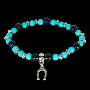 Western Style Bracelet Horseshoe Charm Turquoise Howlite Black Onyx Cowboycore